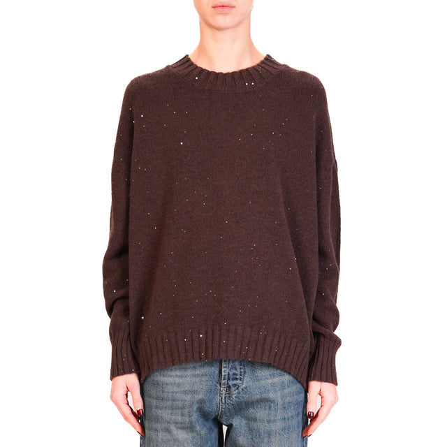 Haveone-Maglia girocollo micro paillettes - moro