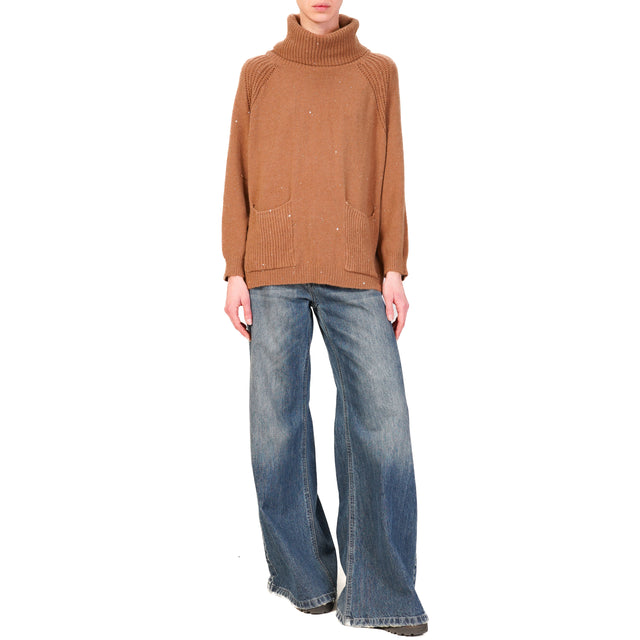 Haveone-High Neck Sweater with Pockets and Sequins - camel