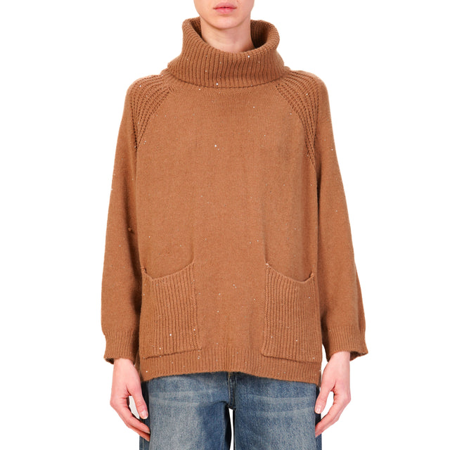 Haveone-High Neck Sweater with Pockets and Sequins - camel