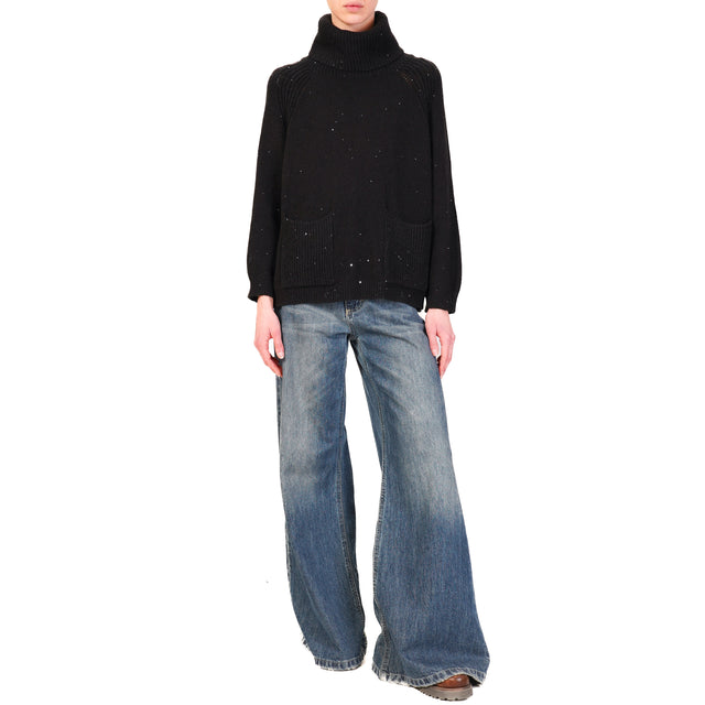 Haveone-High Neck Sweater with Pockets and Sequins - Black