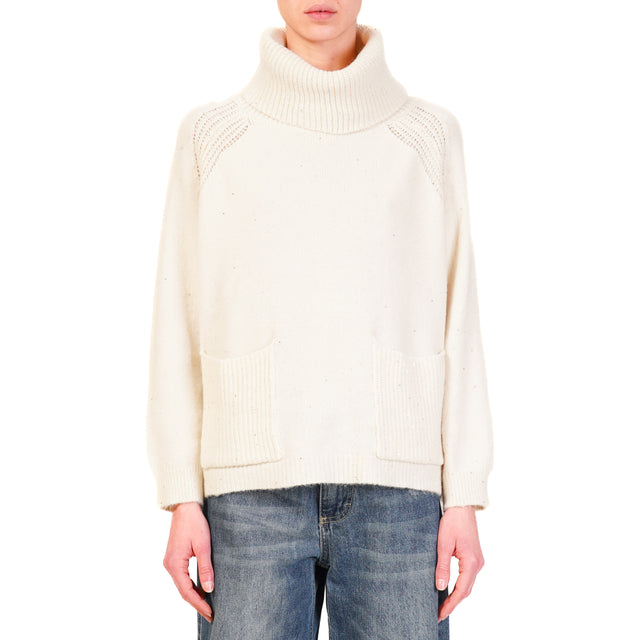 Haveone-High Neck Sweater with Pockets and Sequins - Cream