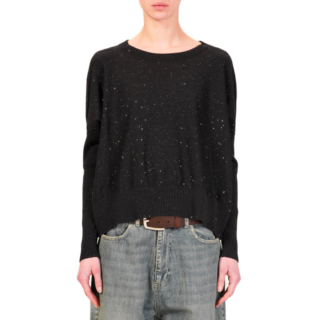 Haveone-Micro Sequin Crewneck Sweater - Black