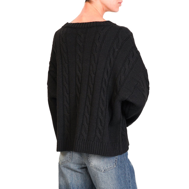 Haveone-Maglia treccia girocollo misto alpaca - nero