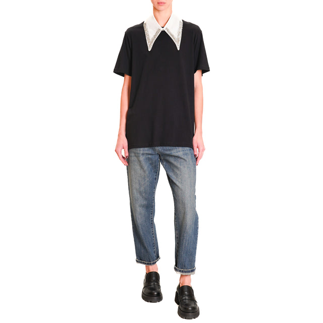 Haveone-T-shirt with jewel detail collar - black