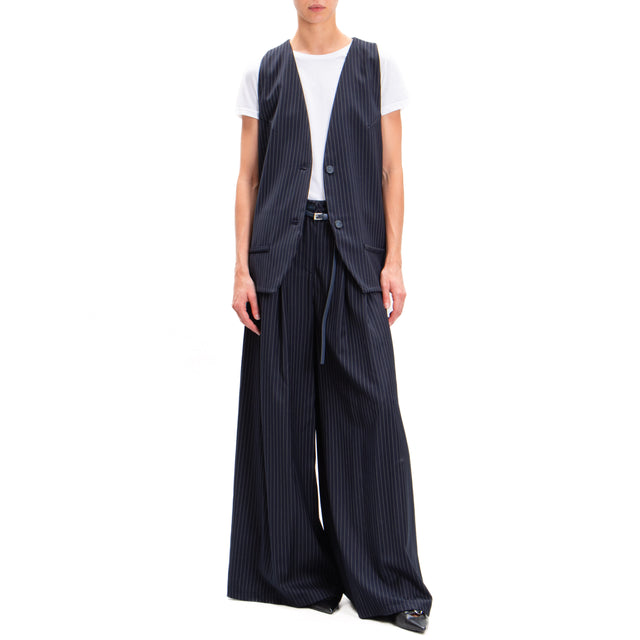 Haveone-Pantalone wide leg gessato con pinces - blu