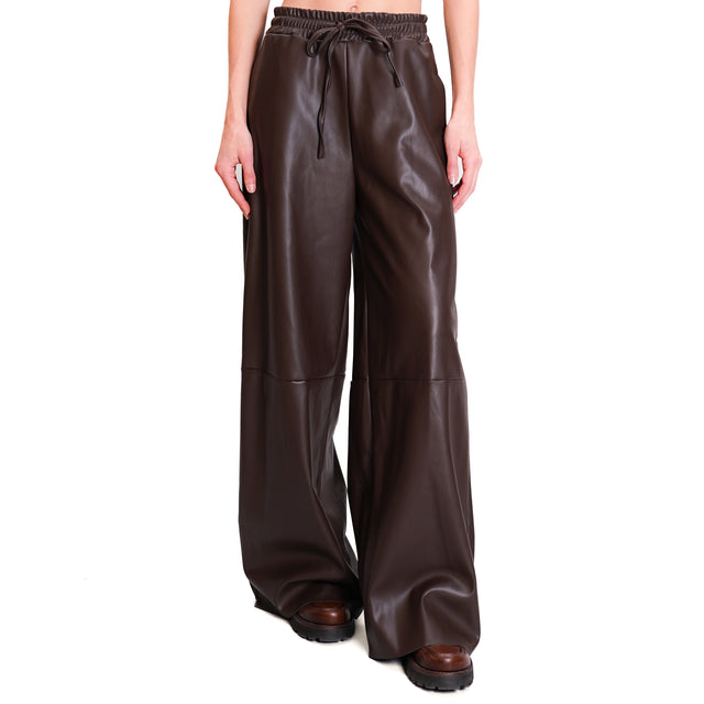 Haveone-Faux Leather Drawstring Trousers - Dark Brown