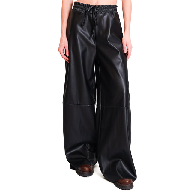 Haveone-Faux Leather Drawstring Pants - Black