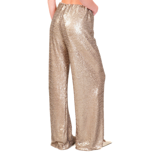 Haveone-Pantalone paillettes con elastico in vita - oro