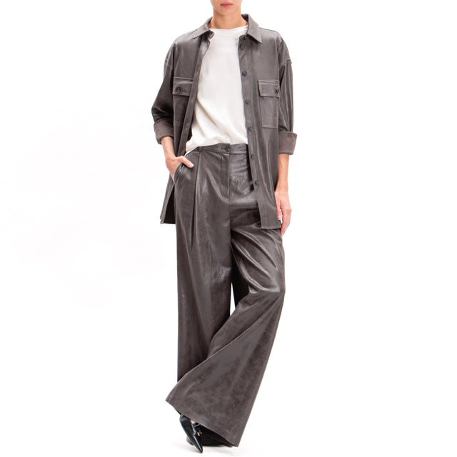 Haveone-Pantalone similpelle wide leg con pinces - antracite