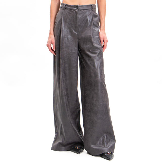 Haveone-Pantalone similpelle wide leg con pinces - antracite