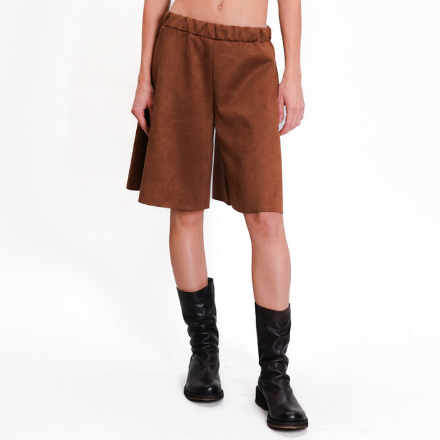 Haveone-Bermuda suede effect elastic waist - tobacco