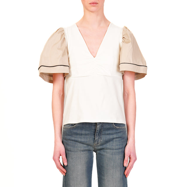 Haveone-T-shirt scollo v mezza manica - bianco/beige