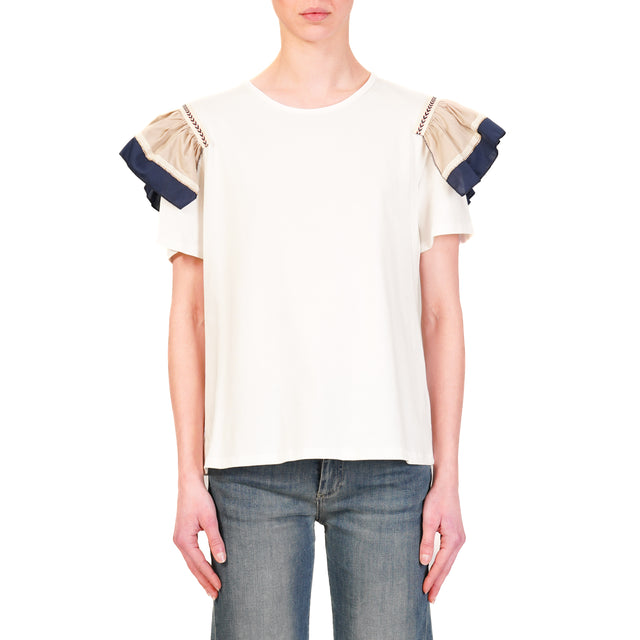 Haveone-T-shirt manica volant - bianco/beige/blu