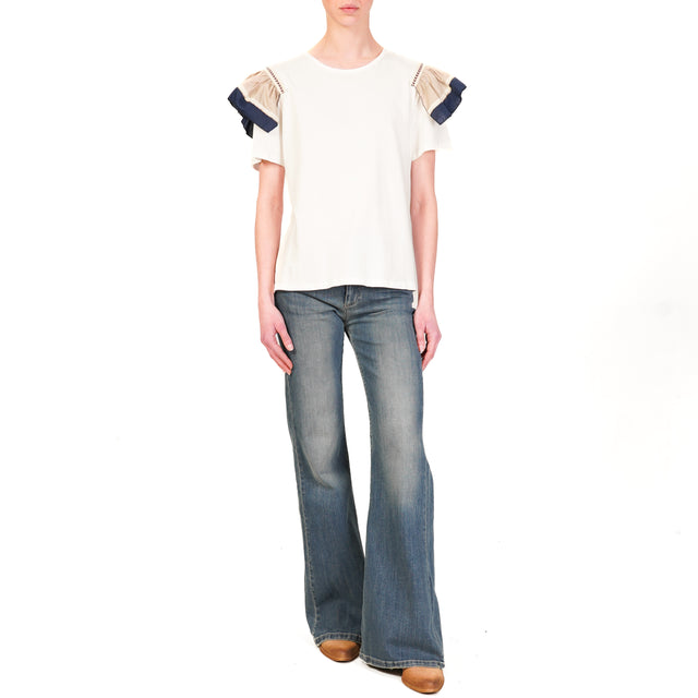 Haveone-T-shirt manica volant - bianco/beige/blu