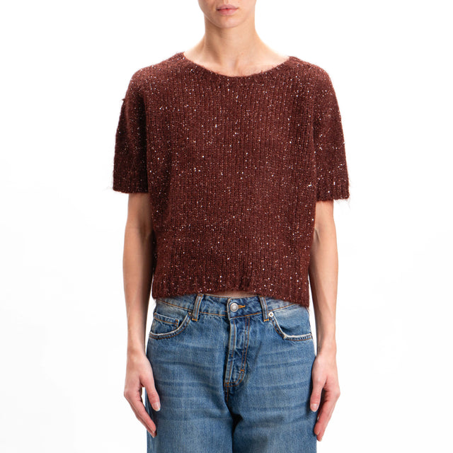 Kontatto-Maglia mohair mezza manica con paillettes - cioccolato