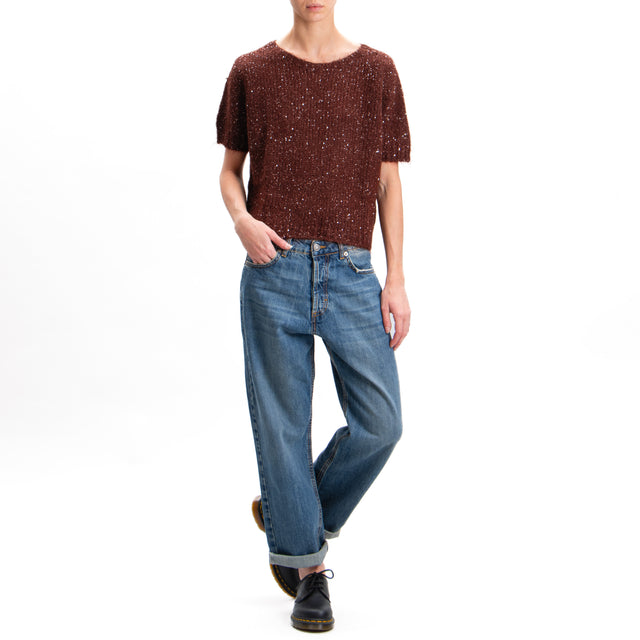 Kontatto-Mohair half sleeve sweater with sequins - chocolate