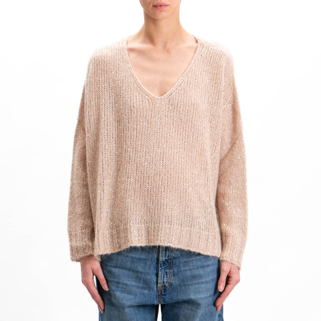 Kontatto-V-neck mohair sweater with sequins - beige