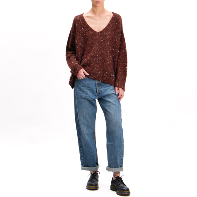 Kontatto-V-neck mohair sweater with sequins - chocolate