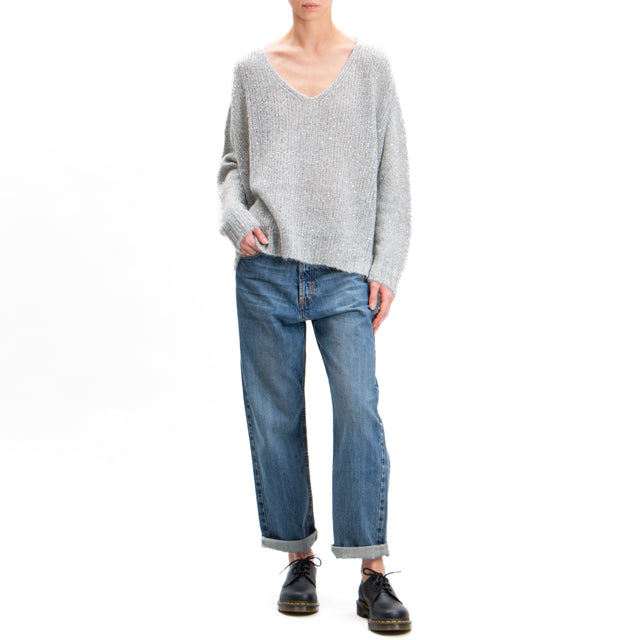 Kontatto-V-Neck Mohair Sweater with Sequins - Light Grey