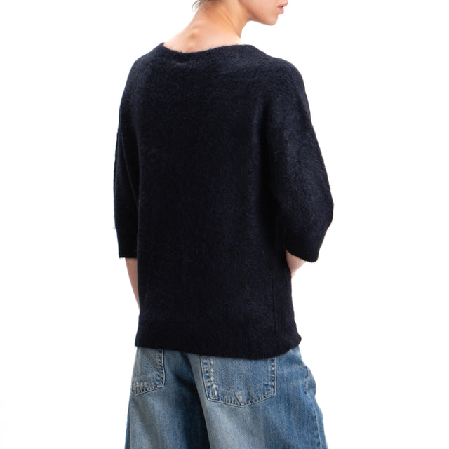 Kontatto-Alpaca Blend Crew Neck 3/4 Sleeve Sweater - Black