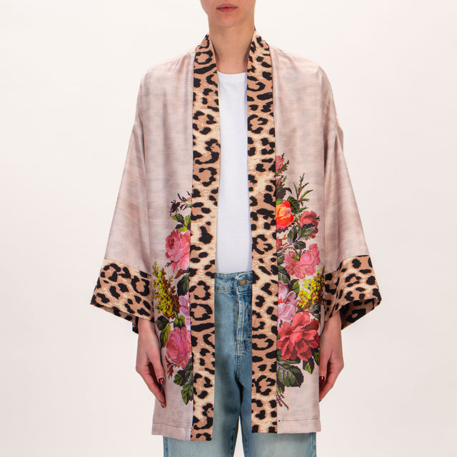Dixie-Kimono fantasia fiori bordo maculato - cipria/rosa/verde