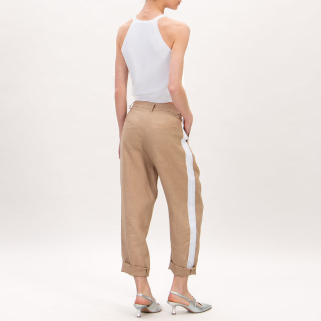 Tensione in-Pantalone in lino banda laterale - sabbia/bianco