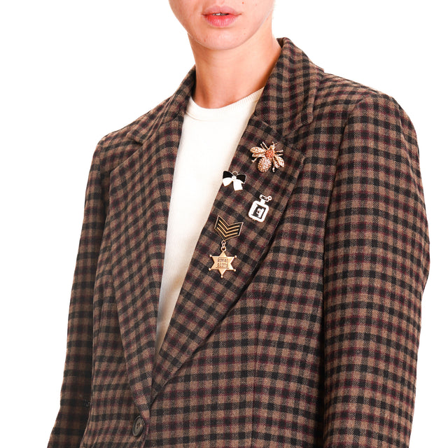 Motel-Checked Jacket with Pins - Dark Brown/Black/Mauve