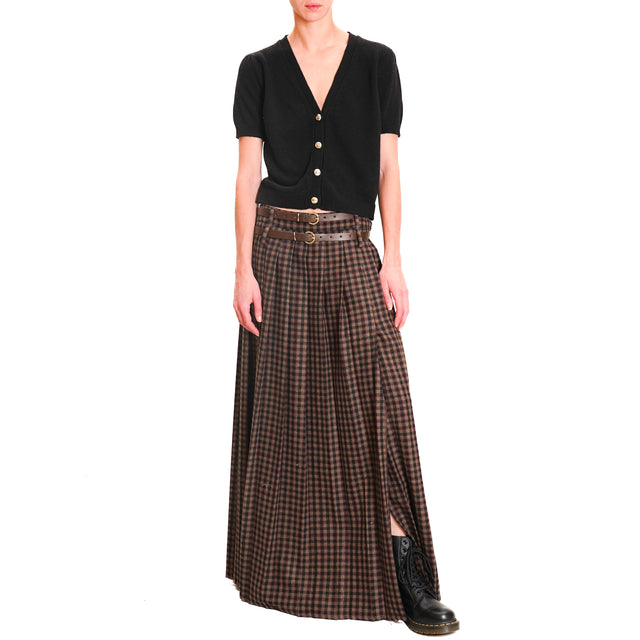 Motel-Pleated Checked Skirt with Side Slit - Dark Brown/Black/Mauve