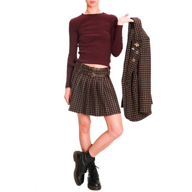 Motel-Miniskirt with double belt and pleats - dark brown/black/mauve