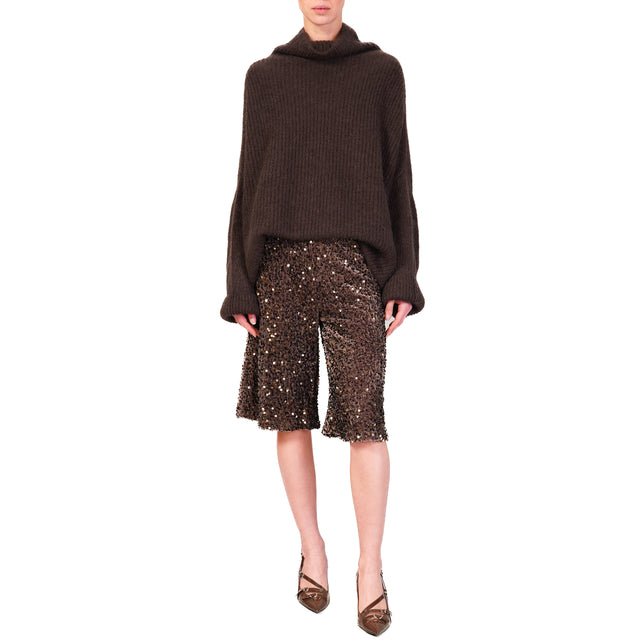 Motel-Bermuda with sequins elastic waist - dark brown