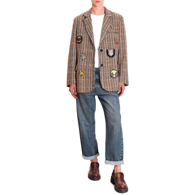 Motel-Houndstooth jacket with patch - beige/burgundy/brown