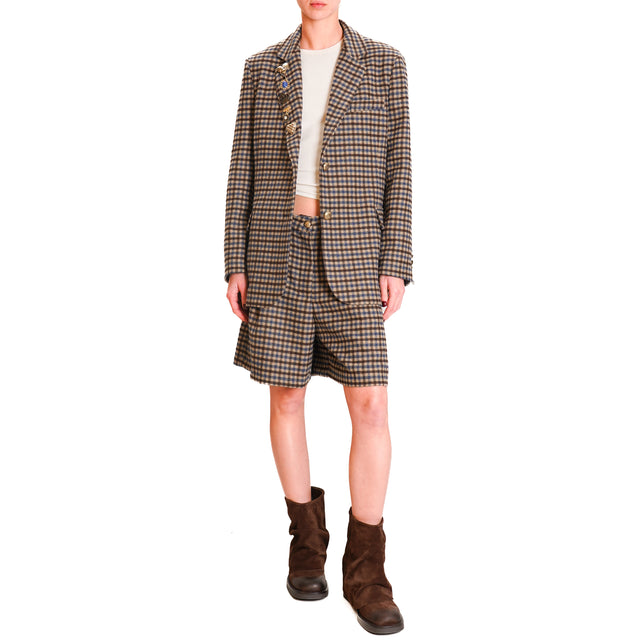 Motel-Checked Jacket with Pins Wool Blend - Beige/Light Blue/Dark Brown