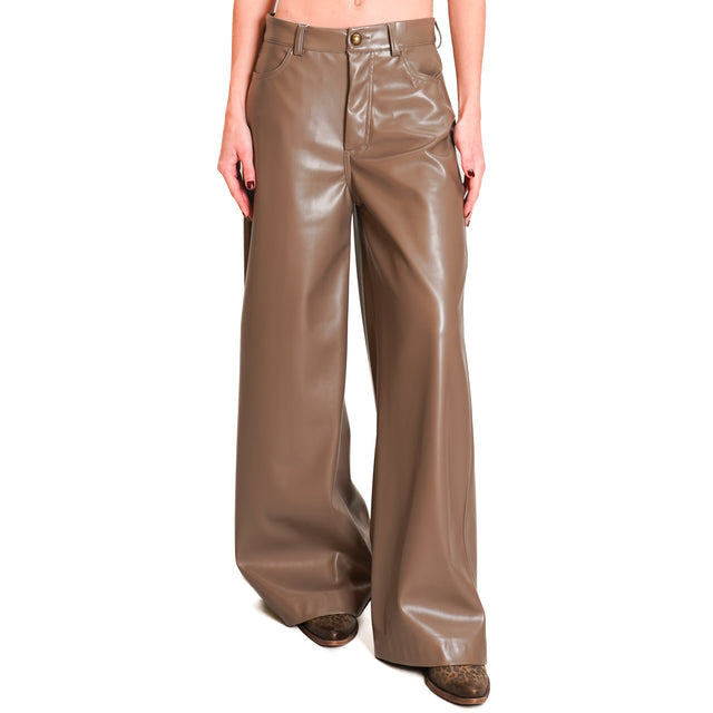 Motel-Wide Leg Leather Look Pants - Mud