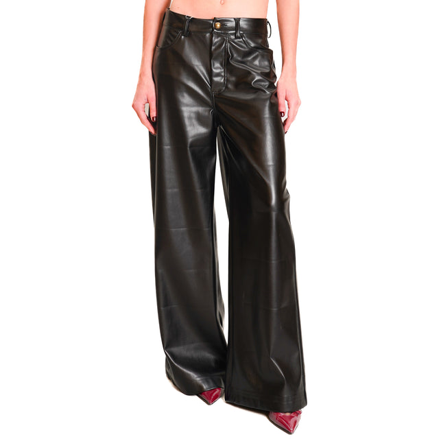 Motel-Wide Leg Faux Leather Pants - Black