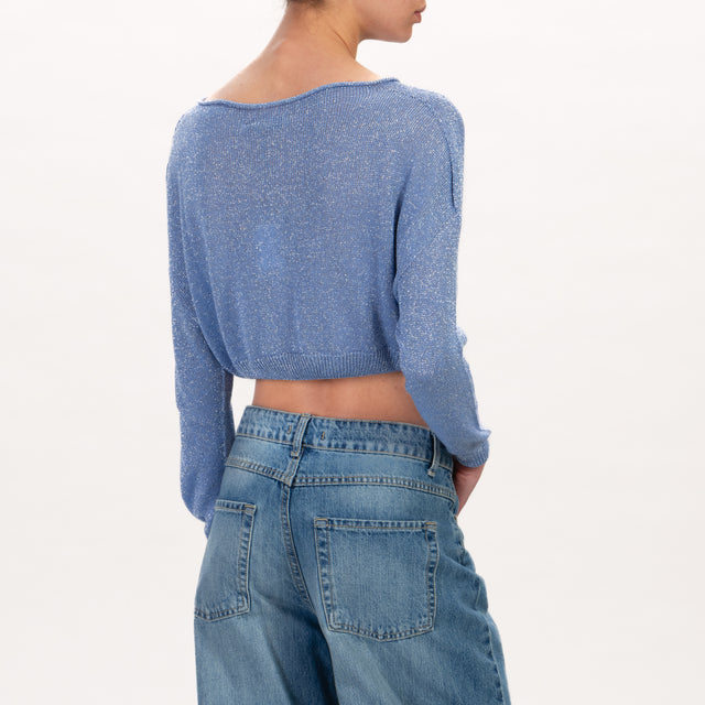 Zeroassoluto-Maglia crop scollo barca in lurex - azzurro