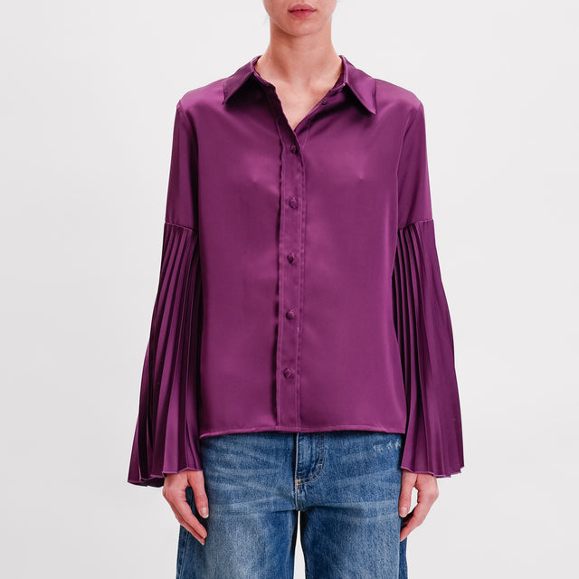 Souvenir-Satin Pleated Wide Sleeve Shirt - Aubergine