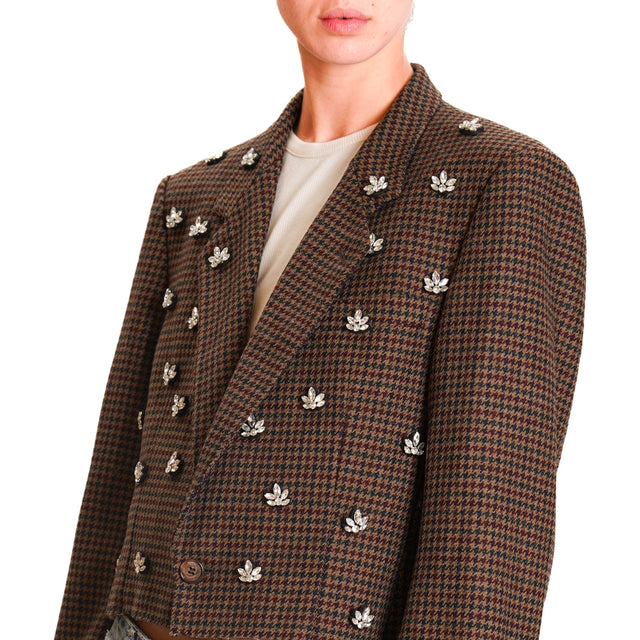 Souvenir-Pied de poule cropped jacket with pins - dark brown/wine/black