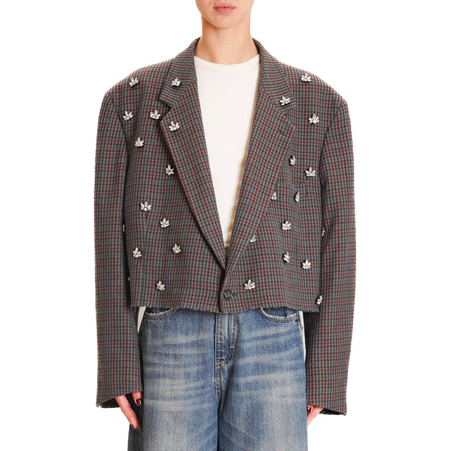 Souvenir-Pied de poule cropped jacket with pins - teal/wine/leather