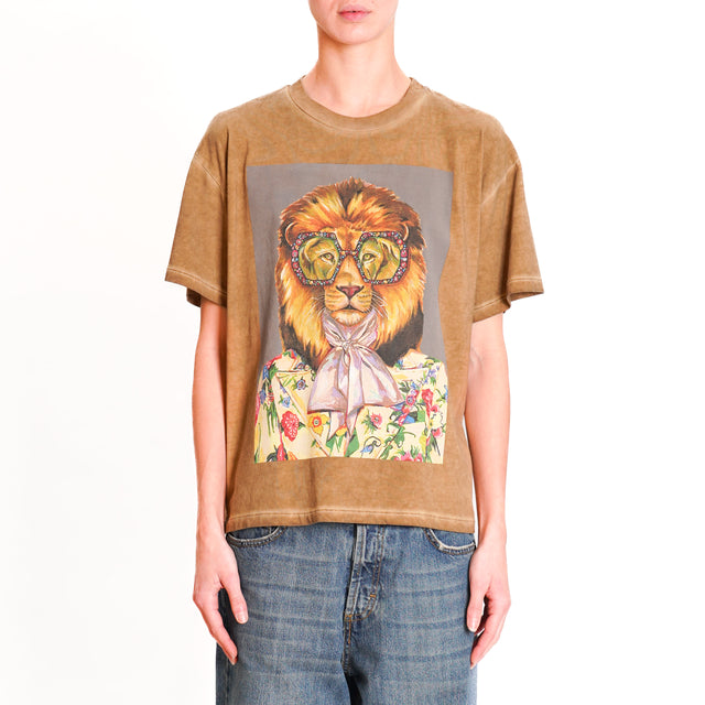 Souvenir-T-shirt lion print rhinestone detail - camel