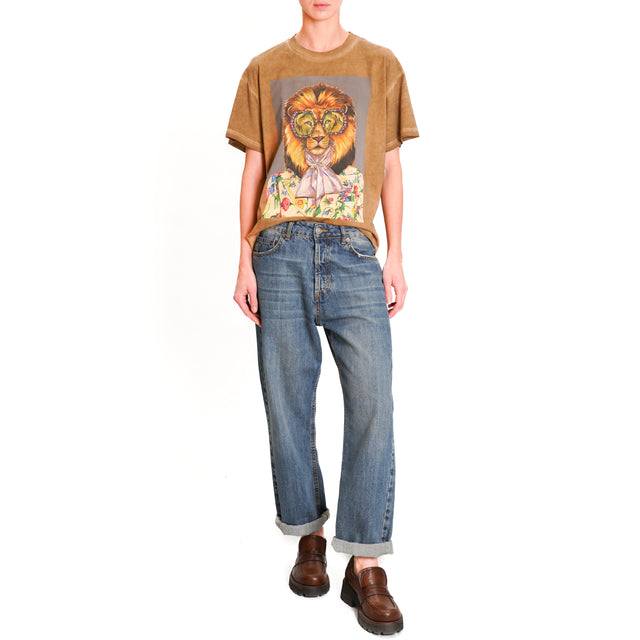 Souvenir-T-shirt lion print rhinestone detail - camel