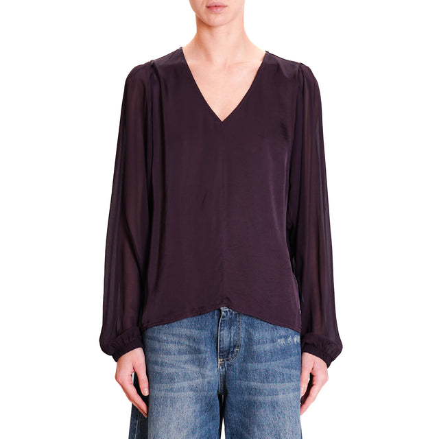 Souvenir-Double Fabric V-Neck Blouse - Plum