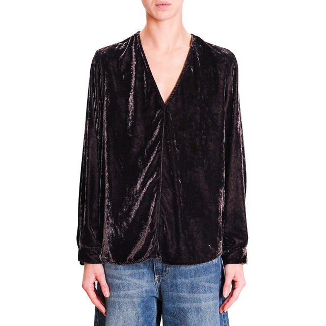 Souvenir-V-Neck Velvet Blouse - Dark Brown