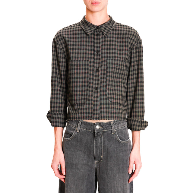 Souvenir-Checked Crop Shirt - Black/Beige