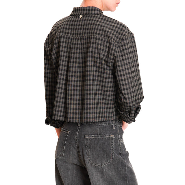 Souvenir-Checked Crop Shirt - Black/Beige