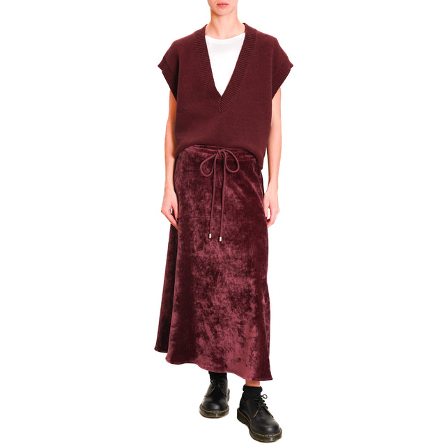 Souvenir-1000 Striped Velvet Skirt with Drawstring - Bordeaux