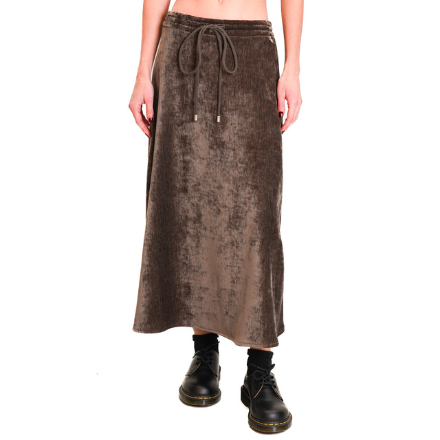 Souvenir-1000 Striped Velvet Skirt with Drawstring - Dark Brown