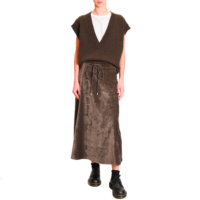 Souvenir-1000 Striped Velvet Skirt with Drawstring - Dark Brown