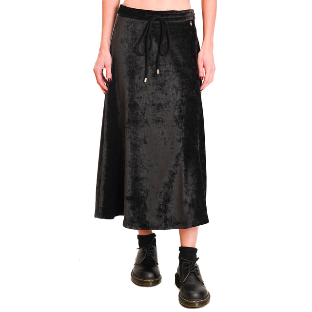 Souvenir-1000 Striped Velvet Skirt with Drawstring - Black