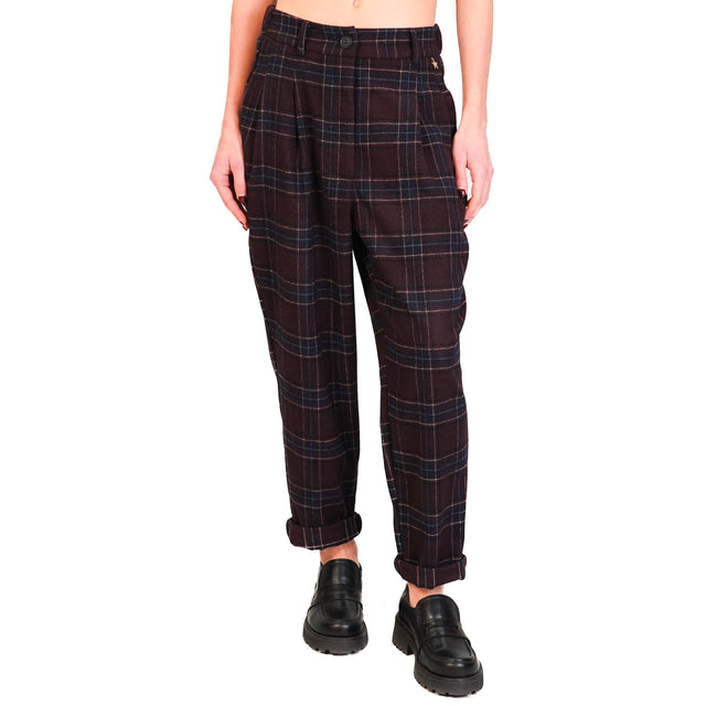 Souvenir-Tartan Trousers with Elastic Back - Wine/Blue