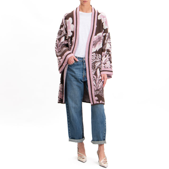 Tension in-Kimono in jacquard knit - dark brown/pink